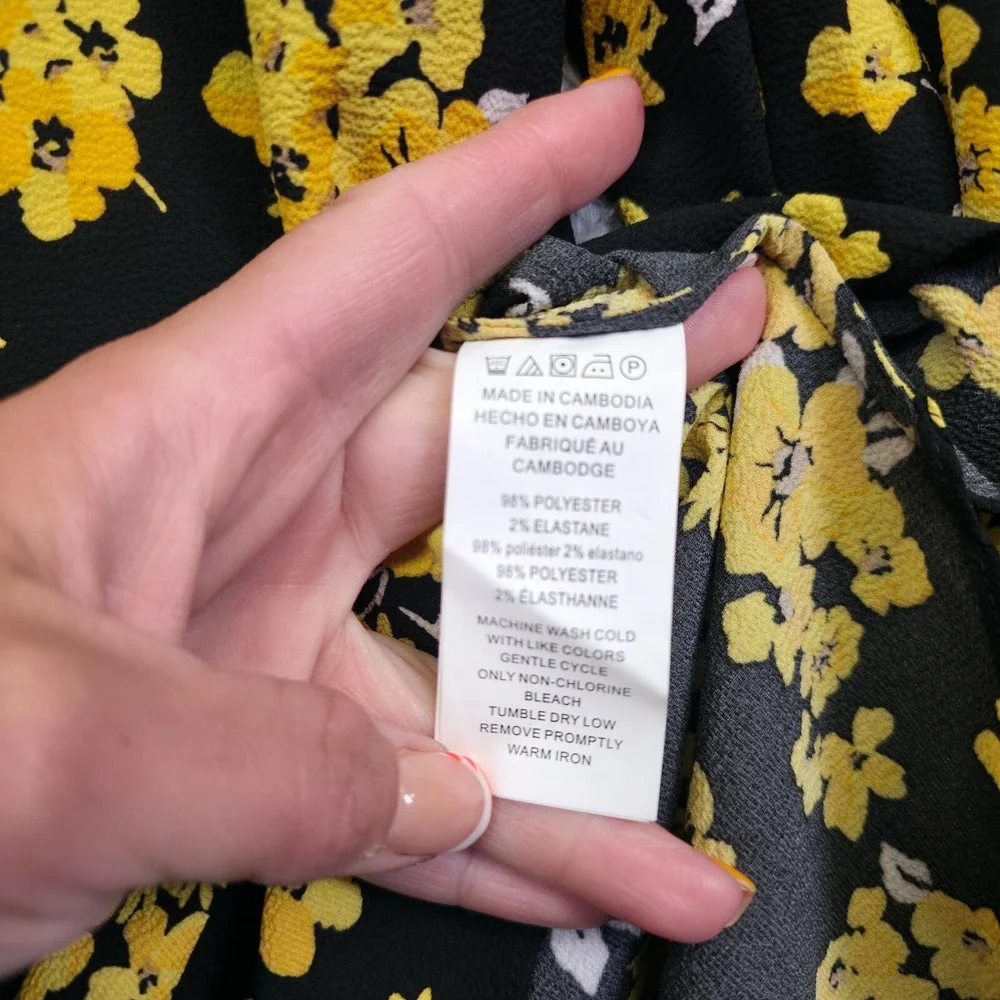 Michael Kors Top Womens L Black Yellow Tie Sleeve Floral Colorful Resort Elegant